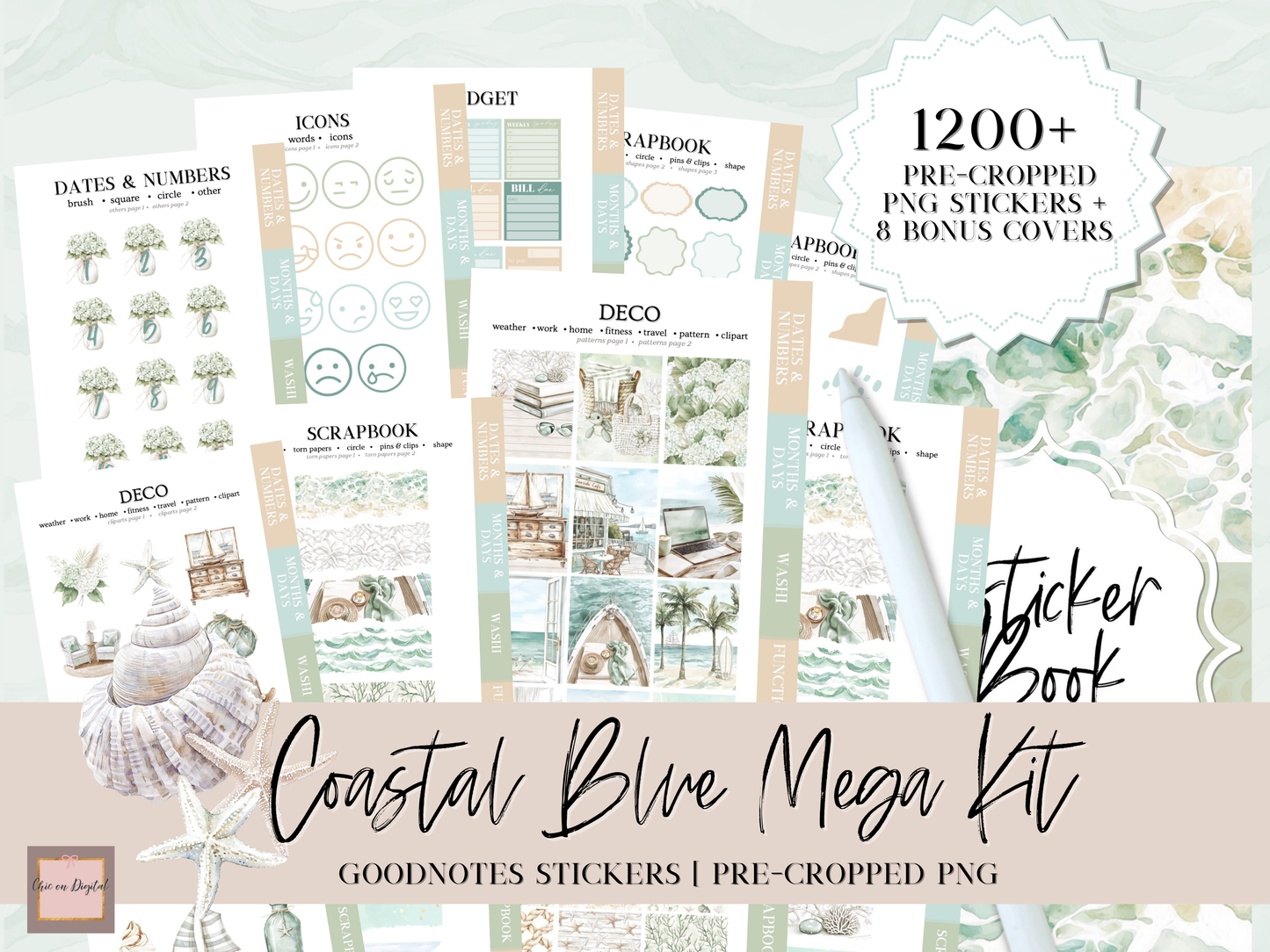 Coastal DIGITAL MEGA STICKER BUNDLE | Beach Goodnotes sticker kit for Summer | June and July GoodNotes bundle