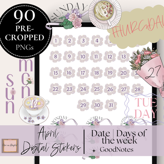 April May Digital Date Sticker, Goodnotes Date Sticker, Days of the week + month sticker