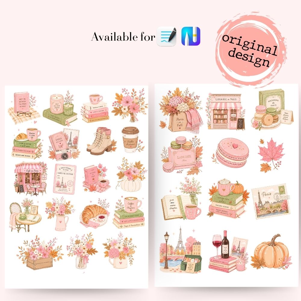 Paris reading CHIC Digital Stickers for Goodnotes, Noteful and Journal: fall reading Clipart, png, Café de Paris Clipart, bookworm sticker
