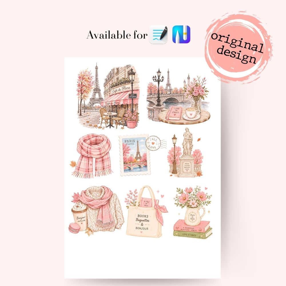 Paris reading CHIC Digital Stickers for Goodnotes, Noteful and Journal: fall reading Clipart, png, Café de Paris Clipart, bookworm sticker