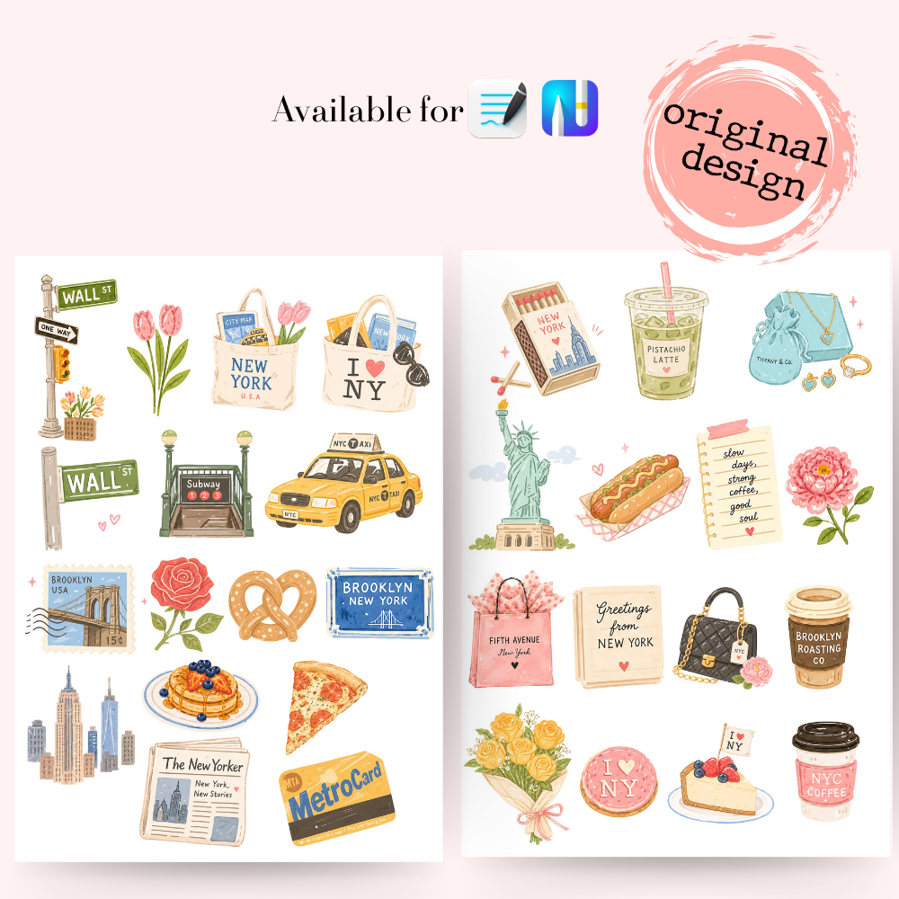 NEW YORK CHIC Digital Stickers for Goodnotes, Noteful and Journal: New York City Clipart, png, New York Girls, Summer travel, nyc lover stickers