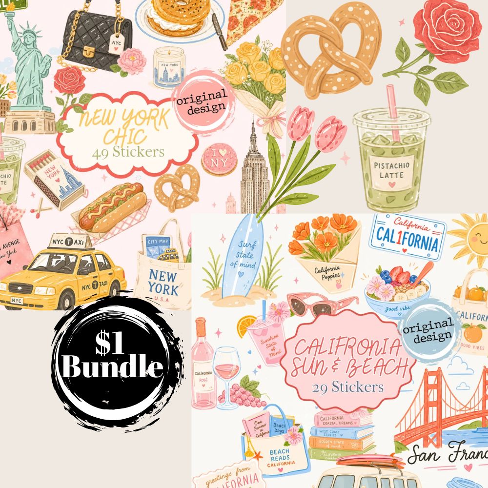 $1 Bundle - California Travel Digital Stickers for Goodnotes + New York Theme Digital Stickers (GoodNotes & Noteful available)