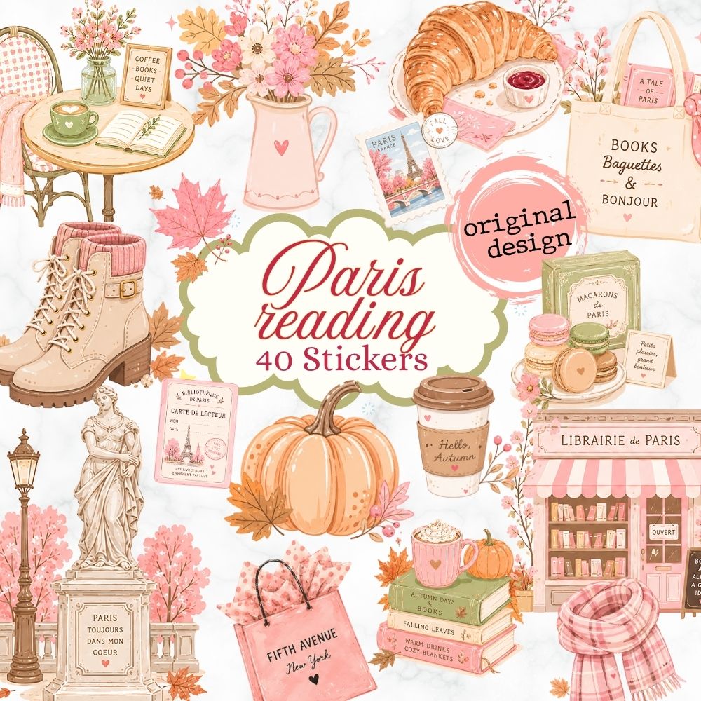 Paris reading CHIC Digital Stickers for Goodnotes, Noteful and Journal: fall reading Clipart, png, Café de Paris Clipart, bookworm sticker