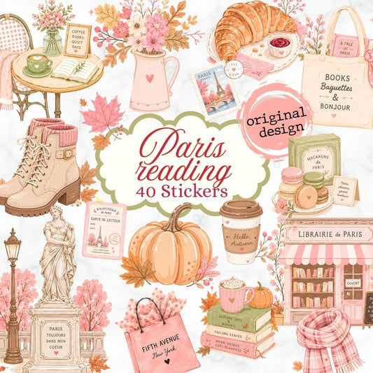 Paris reading CHIC Digital Stickers for Goodnotes, Noteful and Journal: fall reading Clipart, png, Café de Paris Clipart, bookworm sticker