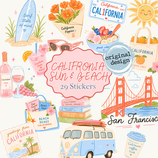 California Travel Digital Stickers for Goodnotes, Noteful and Journal: California Sun & Beach png, surfing, wine tasting, Summer travel plan