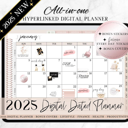 2025 DATED DIGITAL PLANNER, GoodNotes Planner 2025, Minimalistic Dated Digital Planner, iPad Notability Noteshelf Plan, Daily Sticker bundle