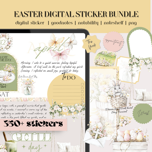 Easter April GoodNotes Sticker Bundle, Spring Digital sticker for March April, clipart, quotes, tracker, basic widget, frame, shape evernote